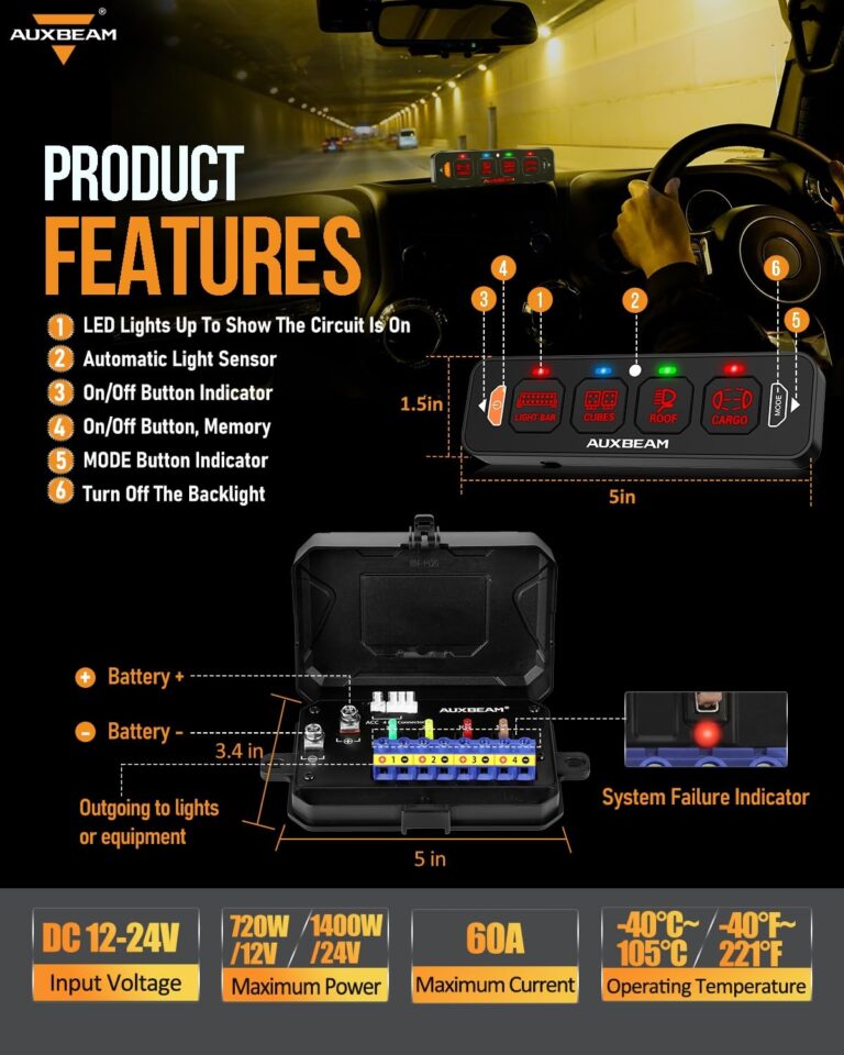 Auxbeam 4 Gang Slim Switch Panel RGB AS-R40 Automatic Dimmable Switch Panel with Toggle Momentary Pulsed LED Control Panel Off Backlight 12-24V for Truck Offroad Car Boat Waterproof, 2-Year Warranty - Image 4