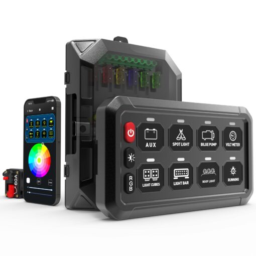 RGB 8 Gang Switch Panel, Marine Switch Panel Box, Multifunction Offroad Light Switch Panel, Wireless Auxiliary LED Switch Pod for 12V/24V Car Truck Jeep SUV Boat Marine, Waterproof, Phone Control