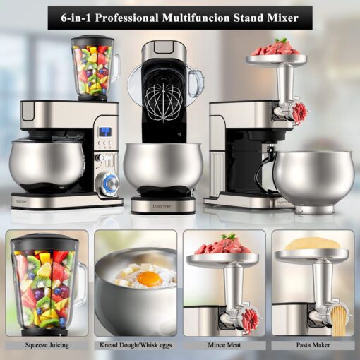 6-IN-1 Stand Mixer, LCD Display Kitchen Electric Mixer, 6.5QT Stainless Steel Bowl, Multi-Function Kitchen Blender With Dough Hook, Whisk, Beater, Meat Grinder, Splash Guard - Image 4