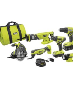 RYOBI P1819 18V One+ Lithium Ion Combo Kit (6 Tools: Drill/Driver, Impact Driver, Reciprocating Saw, Circular Saw, Multi-Tool, LED Worklight, 4.0 Ah & 1.5 Ah Battery, Charger, Bag)