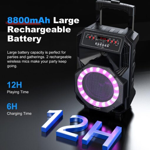 Karaoke Machine with 2 Wireless Microphones, Rolling Wheels, and Trolley – 8800mAh Portable Bluetooth Speaker, PA System with Lights, Adjustable Bass/Treble/Echo for Parties, Indoor and Outdoor Use - Image 7