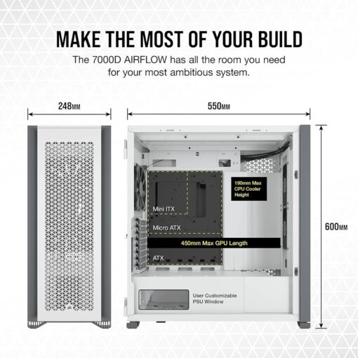 CORSAIR 7000D AIRFLOW Full-Tower ATX PC Case – High-Airflow Front Panel – Spacious Interior – Easy Cable Management – 3x 140mm AirGuide Fans with PWM Repeater Included – White - Image 10