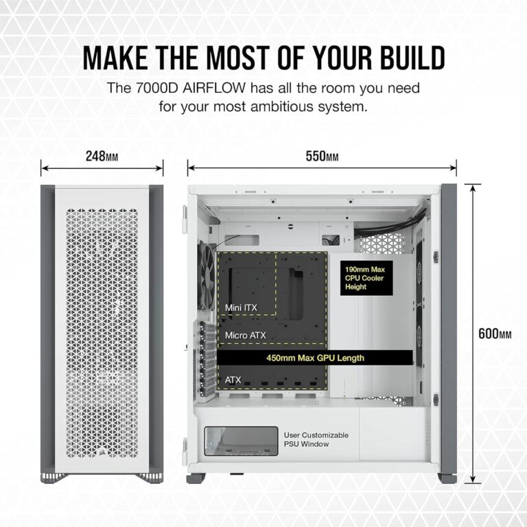 CORSAIR 7000D AIRFLOW Full-Tower ATX PC Case – High-Airflow Front Panel – Spacious Interior – Easy Cable Management – 3x 140mm AirGuide Fans with PWM Repeater Included – White - Image 10