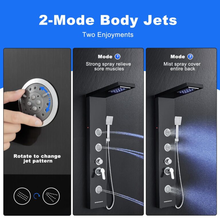 TSIBOMU Multi-Function LED Lights Shower Panel System Black, 5 in 1 Shower Panel Include Rainfall & Waterfall Shower Head, 3 Pcs Adjustable Massage Jets, Handheld Shower, Tub Spout - Image 6