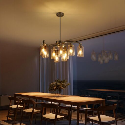 CNRATYE 9-Light Brushed Nickel Glass Chandelier, Adjustable Height Hanging Industrial Dining Room Chandelier Over Table, Modern Farmhouse Chandelier for Kitchen Island Living Room Entryway Bedroom - Image 7