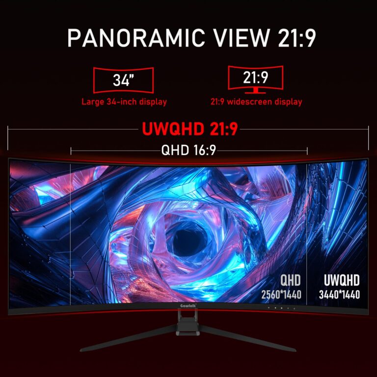 Gawfolk 34 Inch Ultrawide Curved 144Hz Gaming Computer Monitor 1500R PC Screen 21:9 UWQHD (3440x1440),Adaptive Sync,178° Viewing Angle,HDMI、Display Port,Compatible with Wall mounting - Black - Image 6