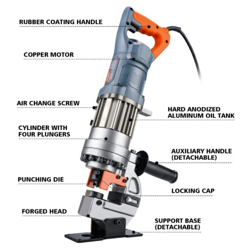CENTALL 1300W Electric Hydraulic Hole Puncher Φ1/4"-4/5" Hydraulic Punching Machine Punching Tool with 5 Dies for Iron Copper Aluminum Plate Angle Steel PM20 (Orange+Grey) - Image 7