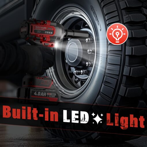 SEYVUM Cordless Impact Wrench, 1/2” Max Torque 900 Ft-lbs / 1200 N.m Powerful Impact Gun, 20V 3500RPM Electric Impact Driver, 2 x 4.0Ah Battery & Fast Charger, 6 Impact Sockets, Carrying Case Included - Image 3