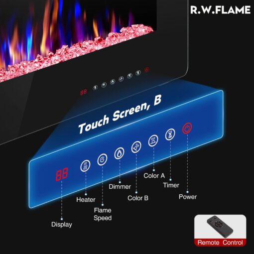 R.W.FLAME 60" Recessed and Wall Mounted Electric Fireplace, Low Noise, Fit for 2 x 6 Stud, Remote Control with Timer, Touch Screen, Adjustable Flame Color and Speed, 750-1500W - Image 7