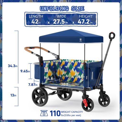 EVER ADVANCED Side-Unzip Wagon Stroller for 2 Kids, Push Pull Stroller with Adjustable Handle, Easy Access Zipper Door, 5-Point Harness, UV-Protection Canopy Shock-Absorbing Wheels, Fox Printing - Image 2