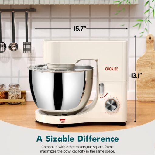 COOKLEE Stand Mixer, 9.5 Qt. 660W Electric Kitchen Mixer with Dishwasher-Safe Dough Hooks, Flat Beaters, Wire Whip & Pouring Shield Attachments for Most Home Cooks, White - Image 9