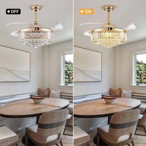 42'' Fandelier Ceiling Fans with Light, Chandelier Ceiling Fan, Retractable Crystal Ceiling Fan for Bedroom, Living Room, 3 Color Change, LED Dimmable, 6 Speeds, Reversible DC Motor-Gold - Image 3