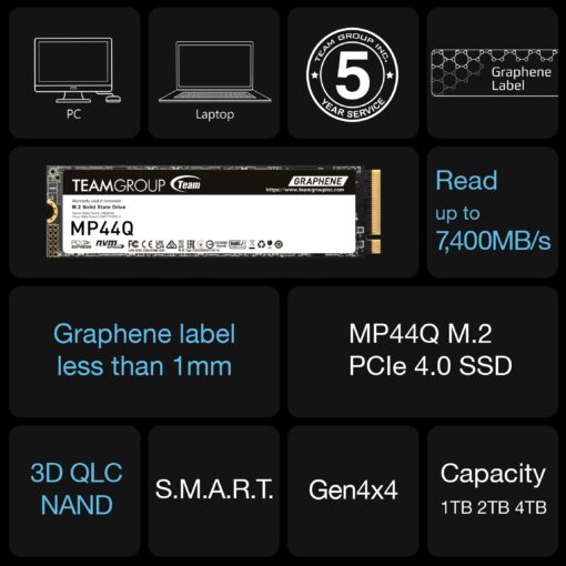 TEAMGROUP MP44Q 2TB SLC Cache Gen 4x4 M.2 2280 PCIe 4.0 w/NVMe Laptop & Desktop & NUC & NAS SSD Read/Write Speed up to 7400/6500MB/s TM8FFD002T0C101 - Image 3