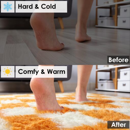 KICMOR 8x10 Area Rugs for Living Room, Large Fluffy Fuzzy Orange and Cream White Checkered Shag Rug Soft Plush Big Bedroom Carpet, Shaggy Floor Rugs for Kids Boys Girls Dorm Nursery Home Room Decor - Image 4