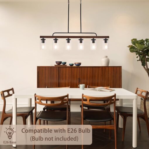 Farmhouse Chandelier 6-Light Dining Room Light Fixture Over Table Kitchen Island Lighting Rustic Chandeliers for Dining Light with Seeded Glass Shade Wood Pendant Lights Kitchen Island - Image 4