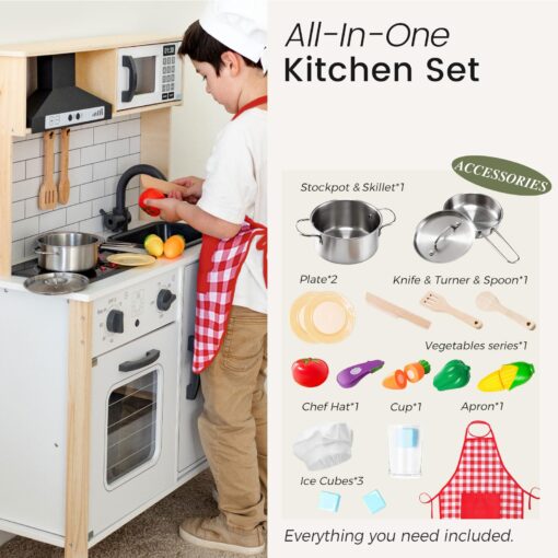 Tiny Land Play Kitchen for Kids, Wooden Kids Play Kitchen Playset Chef Pretend Play Set for Toddlers with Real Lights & Sounds, Toys Kitchen with 18 Pcs Toy Food & Cookware Accessories - Image 4