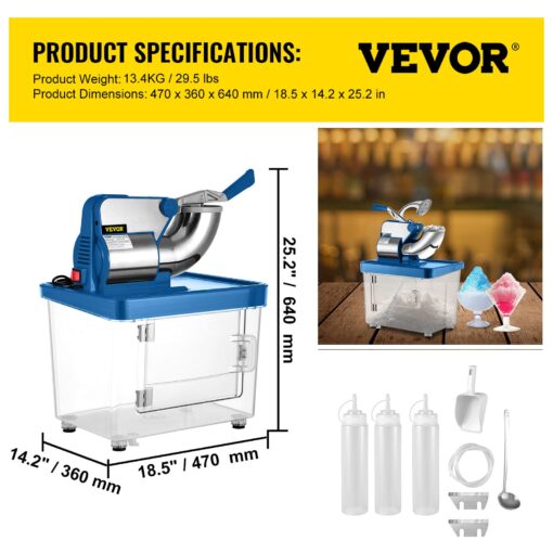 VEVOR 110V Commercial Ice Crusher 661LBS/H, ETL Approved 300W Electric Snow Cone Machine with Dual Blades, Stainless Steel Shaved Ice Machine with Safety On/Off Switch for Family, Restaurants, Bars - Image 8