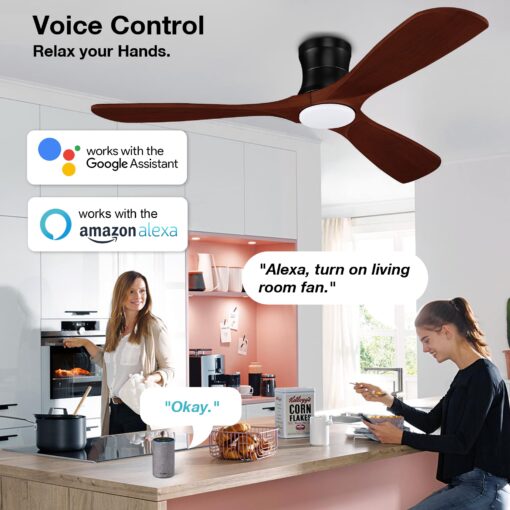 52” Smart Low Profile Ceiling Fans with Lights Remote,3 Wood blade,Quiet DC Motor,Outdoor Indoor Flush Mount Ceiling Fan,Voice Control via WIFI Alexa App,Modern Lighting& Ceiling fan for Bedroom Patio - Image 7