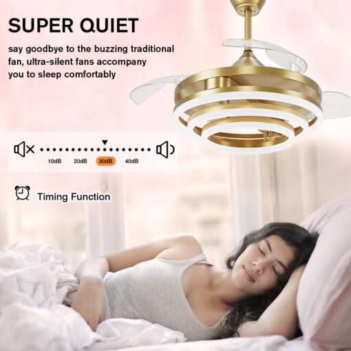 TXCSLY Retractable Ceiling Fan, 42 Inch Chandelier Ceiling Fan with Light, Modern Fandelier Ceiling Fan for Bedroom Living Room Dinning Room, Reverse Motor, 3 Color, 6 Wind Speed, Gold - Image 8