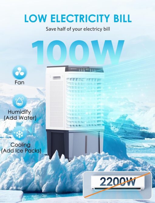 Air Choice Swamp Cooler, 1800 CFM Evaporative Air Cooler with 5.3 Gal Water Tank, 110° Swing, 3 Speeds, 4 Ice Box, Remote, 12H Timer, Portable Air Cooling Fan for Outdoor & Indoor, Gray - Image 2