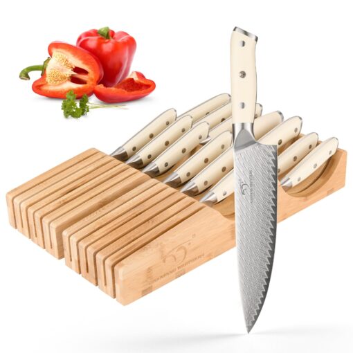 NANFANG BROTHERS Damascus Kitchen Knife Set,14 Pieces Drawer Knife Set,ABS Ergonomic Handle for VG10 Steel Professional Chef Knives Set with Block and Steak Knives