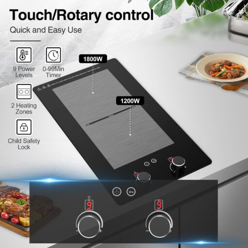 VBGK Double Induction Cooktop,12 Inch 3000W Induction Stove Top 110V 2 Burner Hot Plate with Rotary &Touch Control,9 Levels Settings, Child Safety Lock & Timer - Image 7