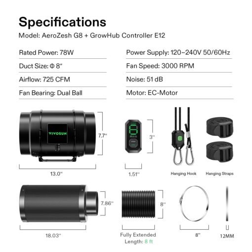 VIVOSUN Smart Air Filtration G8 Kit 8", AeroZesh G8 Inline Duct Fan with E12 Speed Controller, Carbon Filter & 25' Ducting, Cooling & Ventilation System for Grow Tents, Indoor Gardening, Hydroponics - Image 2