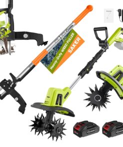 Saker Weed Puller Tool Stand Up Garden Tool with Long Handle & Stainless Steel Claws + 22V Cordless Electric Garden Tiller, 9-Inch Tilling Width, 6.3-Inch Depth, 2 Batteries & Charger Included
