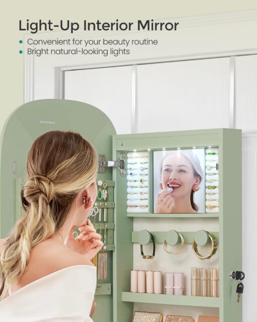SONGMICS Jewelry Organizer, LED Jewelry Cabinet Wall or Door Mounted, Lockable Rounded Wide Mirror with Storage, Interior Mirror, 3.9 x 16.5 x 42.5 Inches, Laurel Green Surface with Cream White Lining - Image 2