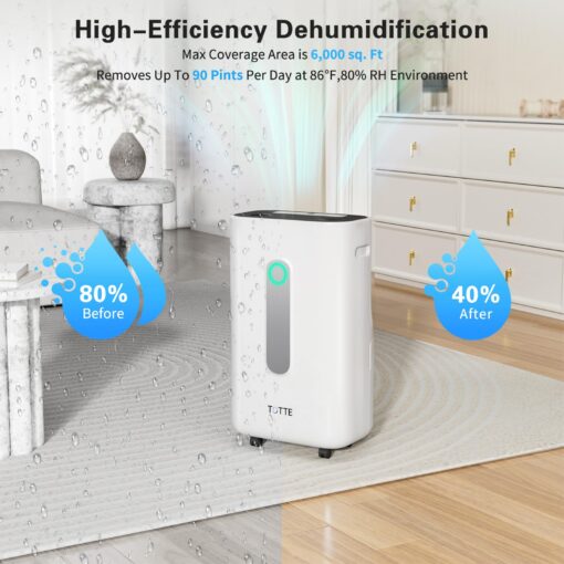 TOTTE 90 Pint Dehumidifier with Drain Hose, 4 Option Modes, 2 Fan Speed, Auto Shut Off, 24H Timer, Auto Defrost, 6000 Sq.Ft Quiet Dehumidifiers for Home, Basement, Bedroom,Bathroom, RV - Image 6