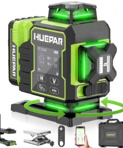 Huepar Laser Level 360 Self Leveling, W04CG Upgraded 4x360° Bluetooth Construction Lazer Leveler Tool with Electric Rotating Base ＆ Large LCD Screen, 4D 16 Lines Green Cross Laser Level