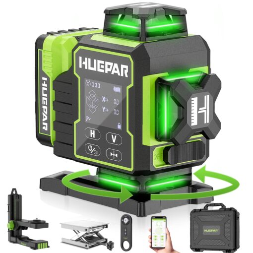 Huepar Laser Level 360 Self Leveling, W04CG Upgraded 4x360° Bluetooth Construction Lazer Leveler Tool with Electric Rotating Base ＆ Large LCD Screen, 4D 16 Lines Green Cross Laser Level