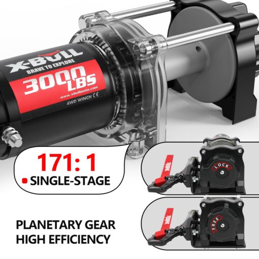 X-BULL New 12V DC 3000LBS IP68 Waterproof Electric Winch for Towing ATV/UTV, Boat, Off Road, Wireless Remote and Corded Control Recovery, Portable Synthetic Rope Electric Winch with Hawse Fairlead. - Image 6