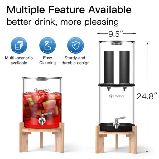 FACHIOO Gravity-Fed Water Filter System, 2.25G Glass Countertop System with 2 Black Purification Filter, Metal Spigot and Stand, NSF/ANSI 42 Certification, Reduces up to 99% of Chlorine - Image 5