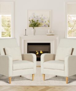 COLAMY Fabric Accent Living Room Chairs Set of 2, Upholstered Arm Chair Reading Side Chair, Single Sofa with Back Pillow and Wood Legs, Beige