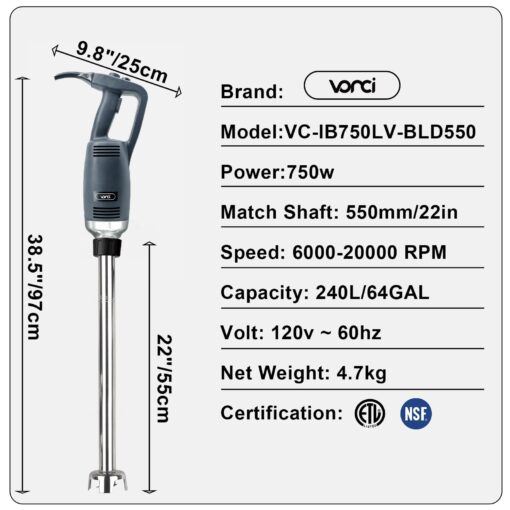 VONCI 750W Commercial Immersion Blender, Extra Heavy Duty Hand Blender with Variable Speed 8000-19000RPM, Handheld Stick Mixer with 22" SUS 304 Shaft, Commercial Emulsifier for Restaurant Kitchen. - Image 6