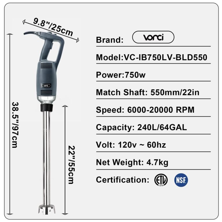 VONCI 750W Commercial Immersion Blender, Extra Heavy Duty Hand Blender with Variable Speed 8000-19000RPM, Handheld Stick Mixer with 22" SUS 304 Shaft, Commercial Emulsifier for Restaurant Kitchen. - Image 6