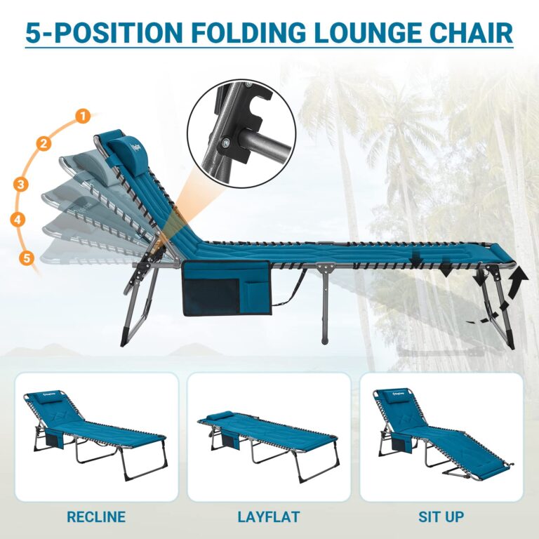 KingCamp Set of 2 Oversize Padded Folding Chaise Lounge Chair for Outdoor, Patio, Beach,Lawn, Sunbathing, Tanning, Pool, Lay Flat Heavy-Duty Adjustable Reclining Chairs with Pillow, Support 330lb,Teal - Image 5