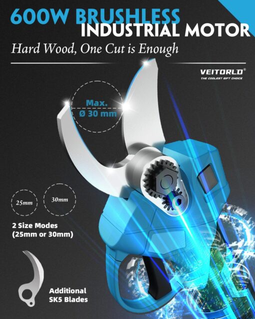 VEITORLD 2-IN-1 Cordless Electric Pole Pruning Shears, 15ft Reach, 1.2" Cutting Diameter, Battery Powered with 2x 2000mAh, Brushless Motor for Efficient Garden Tree Trimming, Branch Cutting（Blue） - Image 5