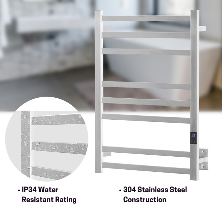 Peaktrivol 8-Bar Heated Towel Rack - Slim Design, Quick Heating, Adjustable Temperature, 24-Hour Timer - Brushed Stainless Steel - Ideal for Hot Towels in Bathroom - Image 5