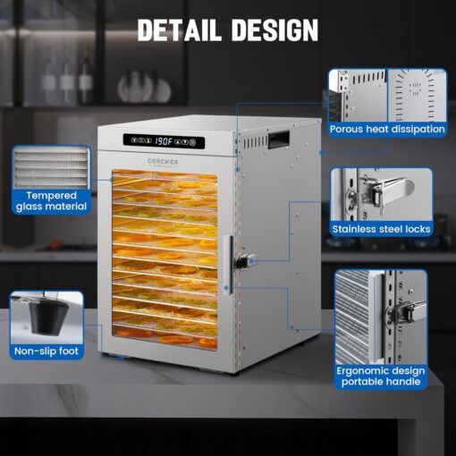 Cercker Commercial Food-Dehydrator Machine 14 Trays, 1200W Fruit Dehydrator,11.98ft² Meat Dryer for Jerky,190ºF Temperature Control,24H Large Food Dryer for Beef - Image 4