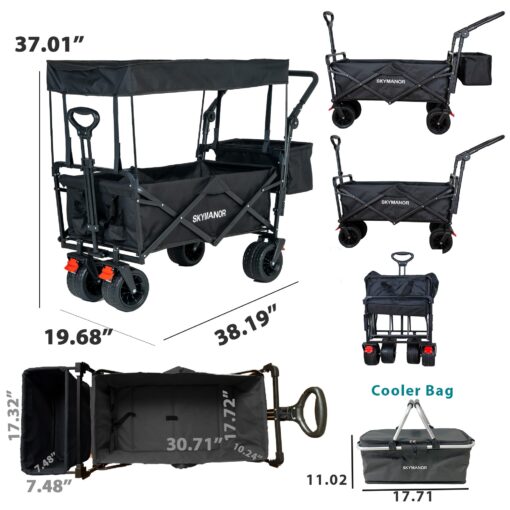 SKYMANOR Collapsible Wagon Folding Garden Cart with Removable Canopy Utility Wagon Cart with All-Terrain Wheels Brake Beach Cart for Sand Heavy Duty Beach Wagon for Camping Shopping (Black) - Image 4