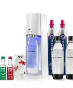 SodaStream E-TERRA Sparkling Water Maker Bundle (White), with CO2, Carbonating Bottles, and bubly Drops Flavors
