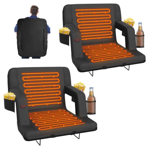 Suteck 2 pcs Dual-Sided Heated Stadium Seats for Bleachers with Back Support, 21" Portable Heated Bleacher Seat with Backrest, 3 Heat Levels, 5 Pockets – Ideal for Outdoor Stadiums and Events - Black