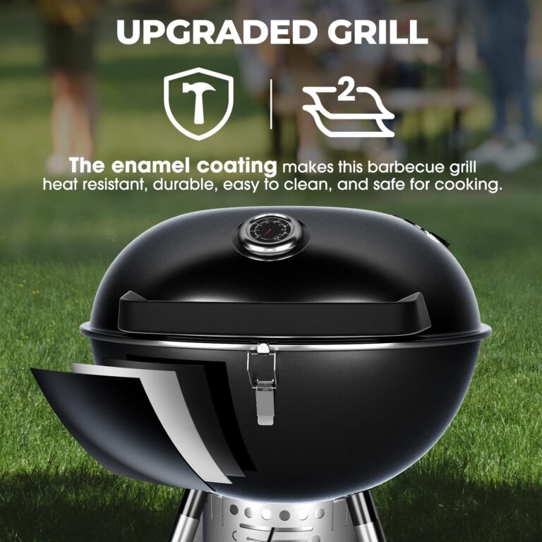 Harbweb 22 Inch Charcoal Grill with 2 Foldable Side Tables,Charcoal Kettle Grills with Wheels,Outdoor bbq Grill,Portable Charcoal Grill for Camping,Party,Backyard (Black) - Image 6