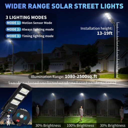 LANGY Solar Street Light Outdoor, Upgraded Solar Parking Lot Lights Dusk to Dawn, IP67 Waterproof 6500K 18000LM, Solar Street Light Motion Sensor with Remote Control for Commercial, Yard (2Pack) - Image 7