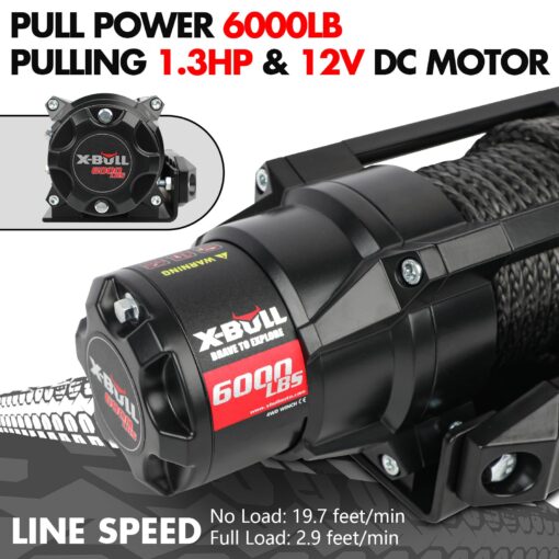 X-BULL New 6000LBS IP68 Waterproof Electric Winch Boat Trailer Winch with 2 in 1 Wireless Remote Synthetic Rope 1/4 in x49.8ft Hook Automatic Braking Powersports Off Road - Image 6