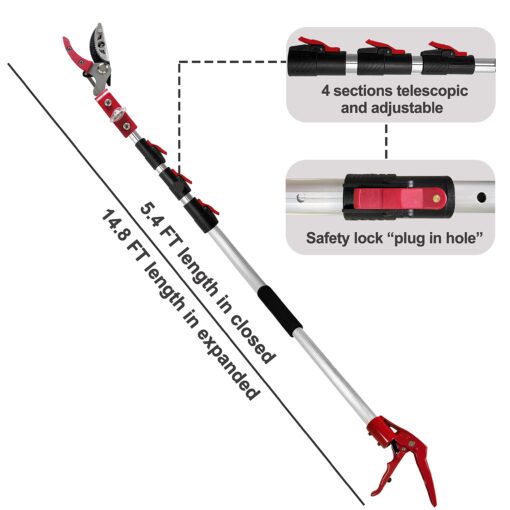 Prunrt 5.4-14.8 FT Tree Pruner Extendable 4 Sections, Telescopic Cut and Hold Trimmers Pole Saws Trimming Long Reach Pruning Shears Branch Cutter Clipper Bypass Lopper Fruit Picker - Image 8
