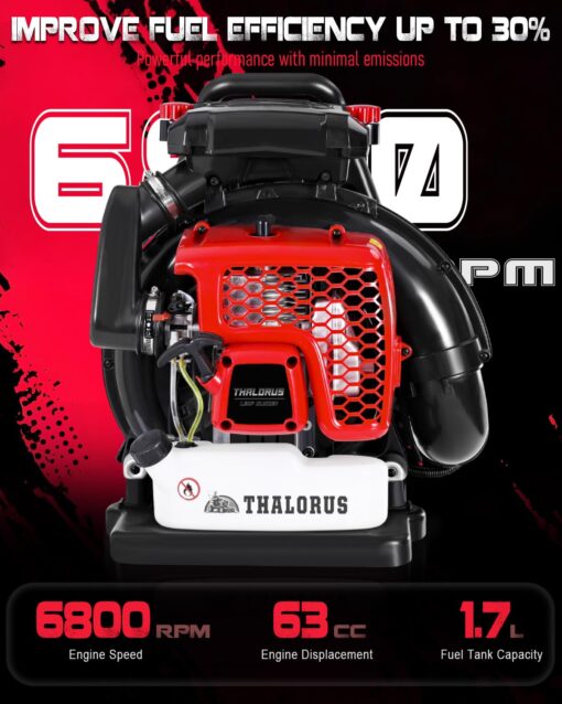 Thalorus 63CC Gas Backpack Leaf Blower, 2-Stroke, 665 CFM, 205 MPH, Variable Speed & Cruise Control, Ergonomic Harness, Reduced Emissions, for Fast Yard Cleanup (TR692 Pro) - Image 9