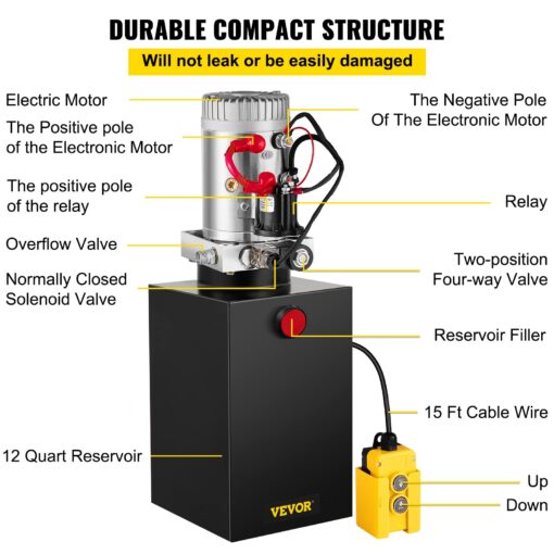 VEVOR Hydraulic Power Unit 12 Quart Hydraulic Pump 12V Dump Trailer Pump Single Acting Hydraulic Power Pack 3200 PSI Electric Hydraulic Pump with Steel Reservoir for Car Lift - Image 6